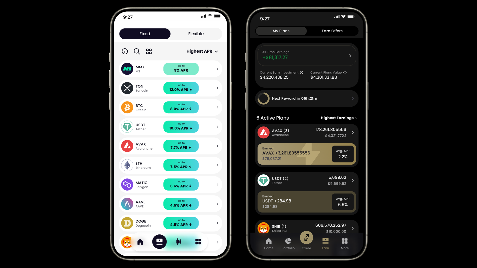 Old Earn token list next to the new My Plans dashboard