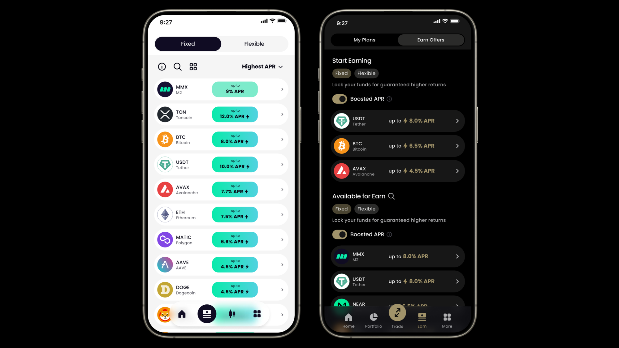 Old flat token list next to the new Earn Offers with Boosted APR and Available for Earn sections