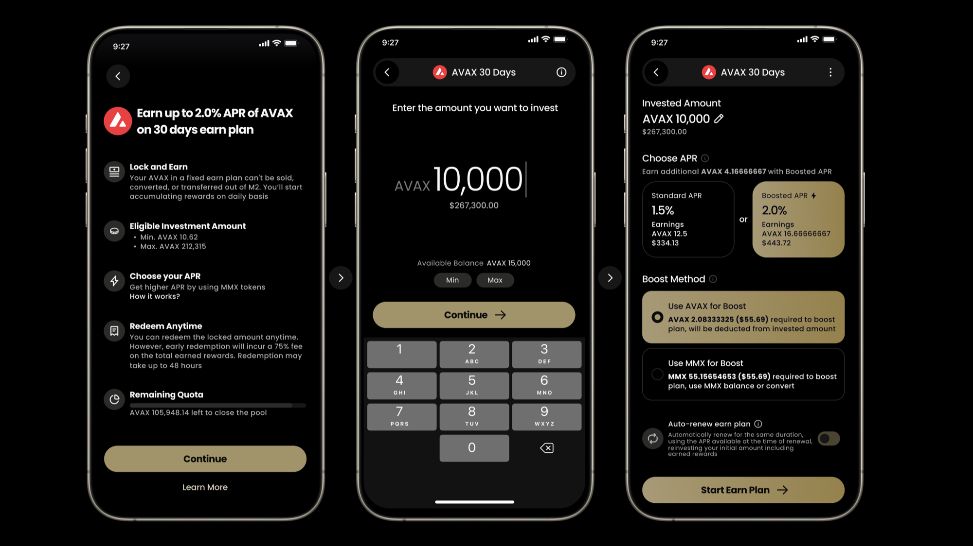 New three-step plan setup: intro, amount entry, and APR and boost selection