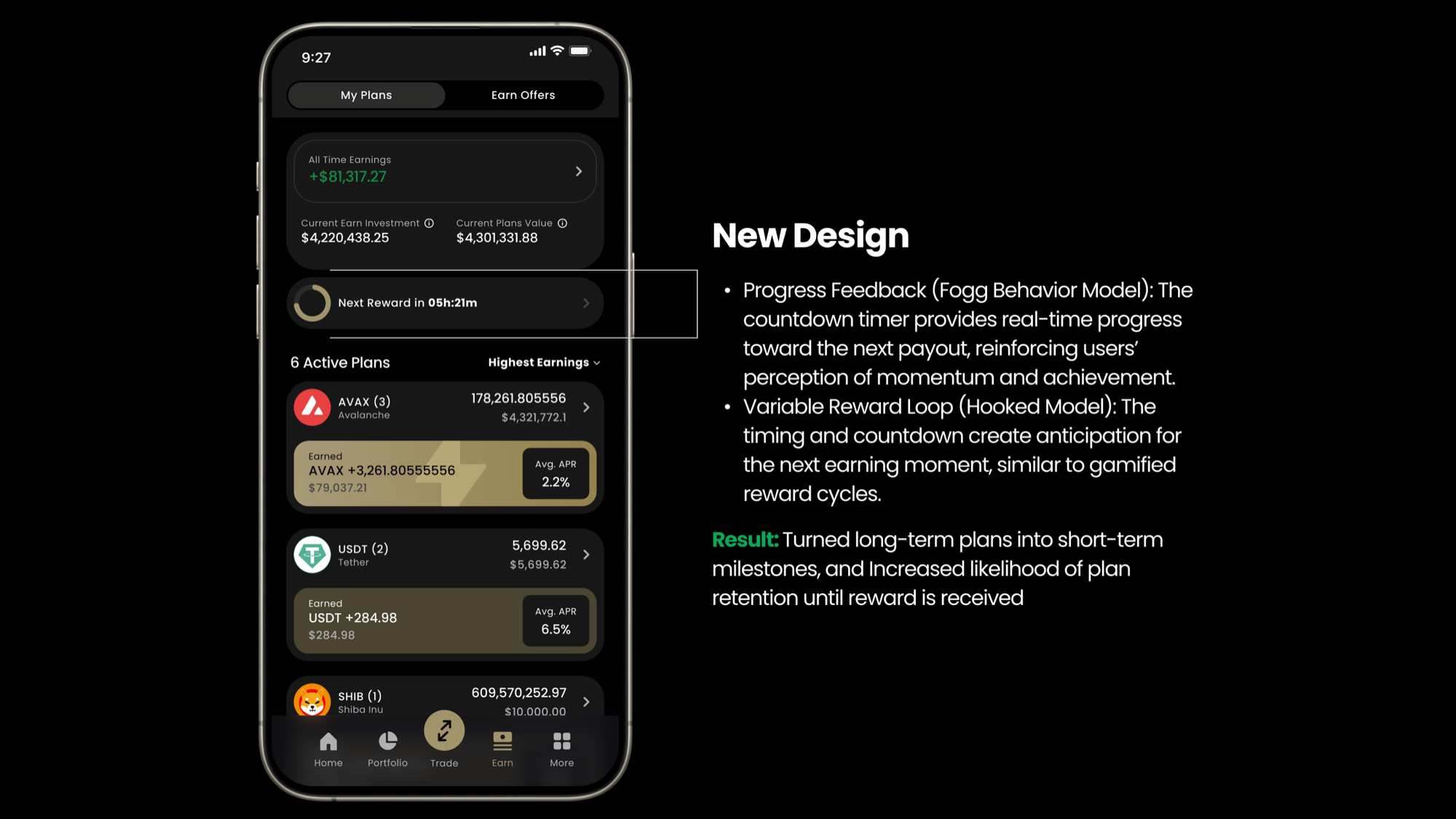 My Plans dashboard with the Next Reward countdown widget
