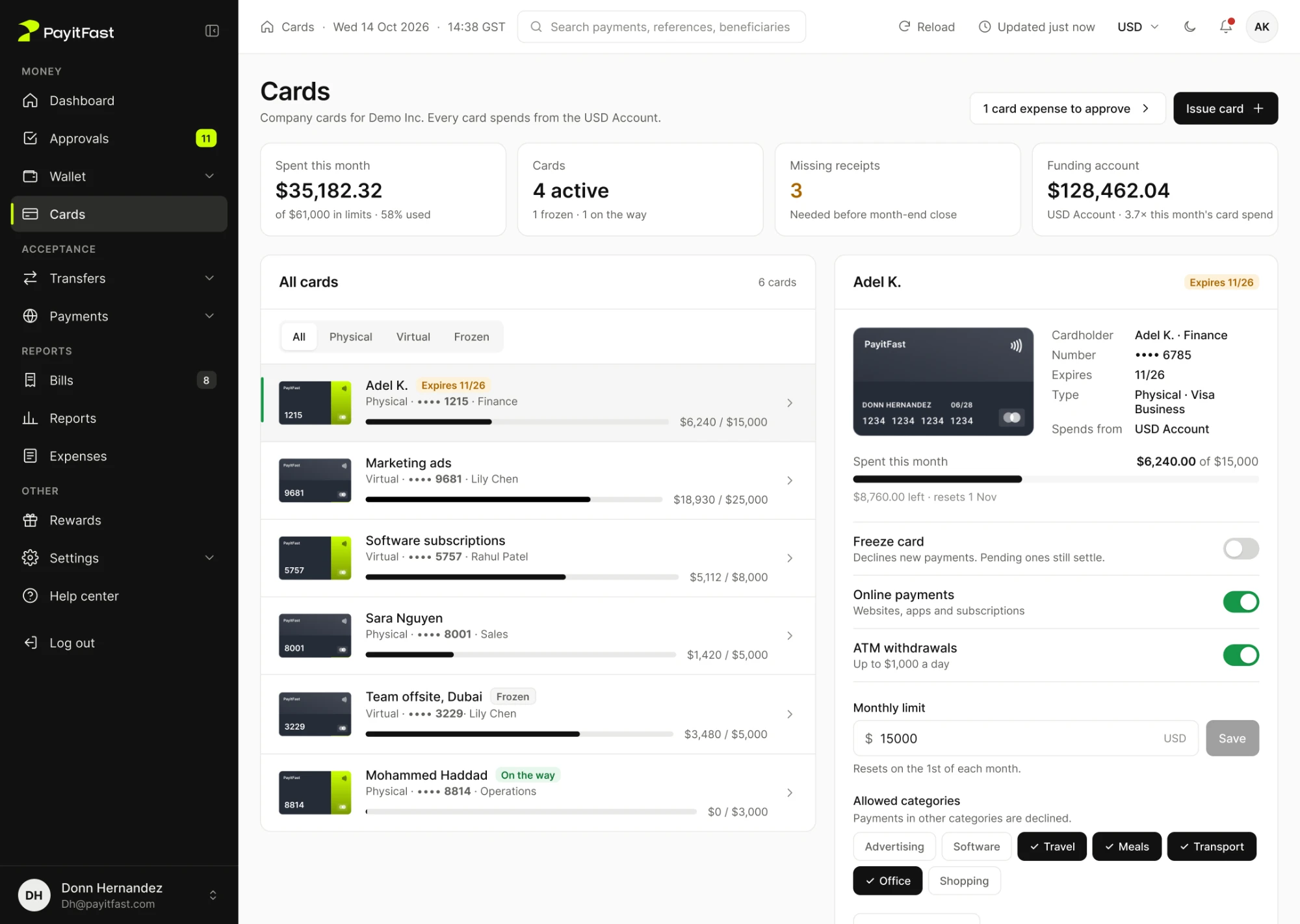 Company cards list with card controls for one cardholder
