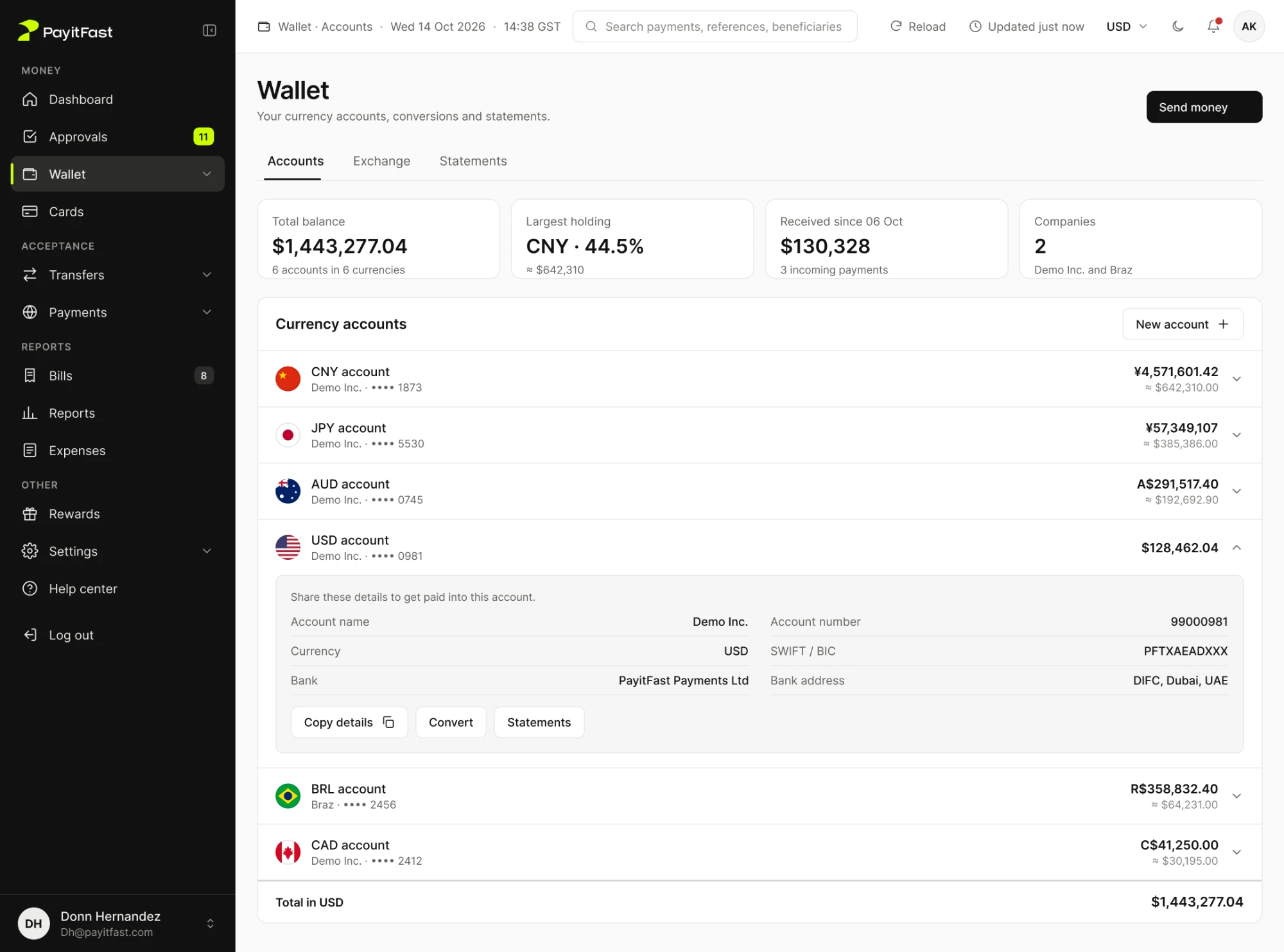Wallet accounts with bank details expanded for the USD account