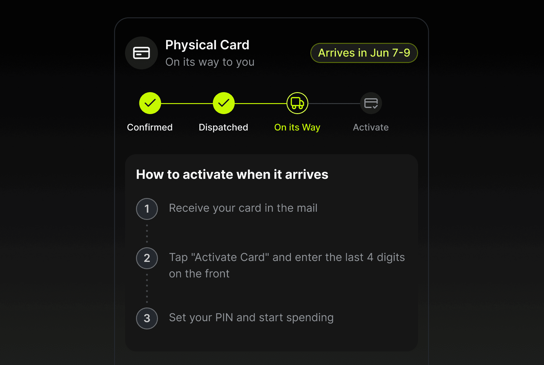 Card activation screens