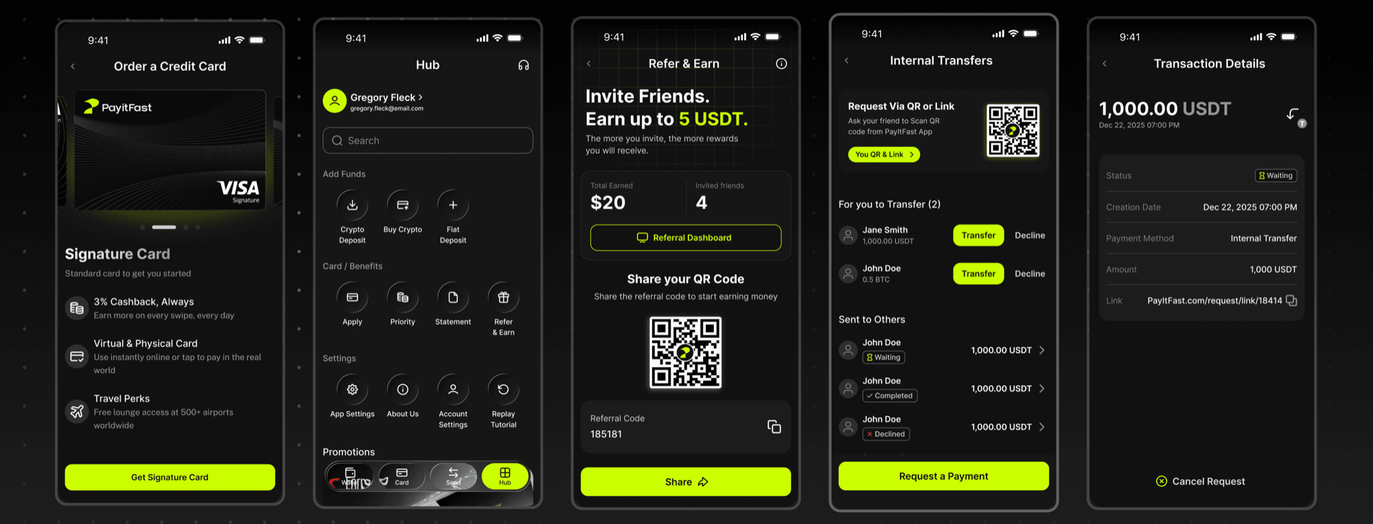Card ordering, Hub, Referrals and Internal transfer screens