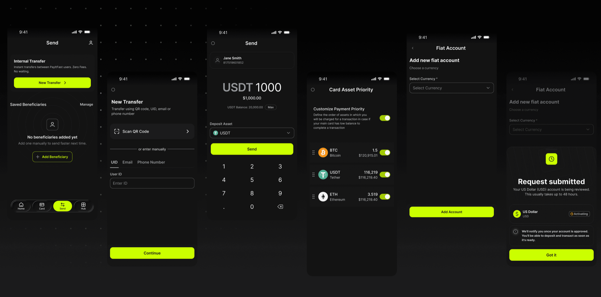 Instant send, card asset priority, new fiat account and activation queue screens