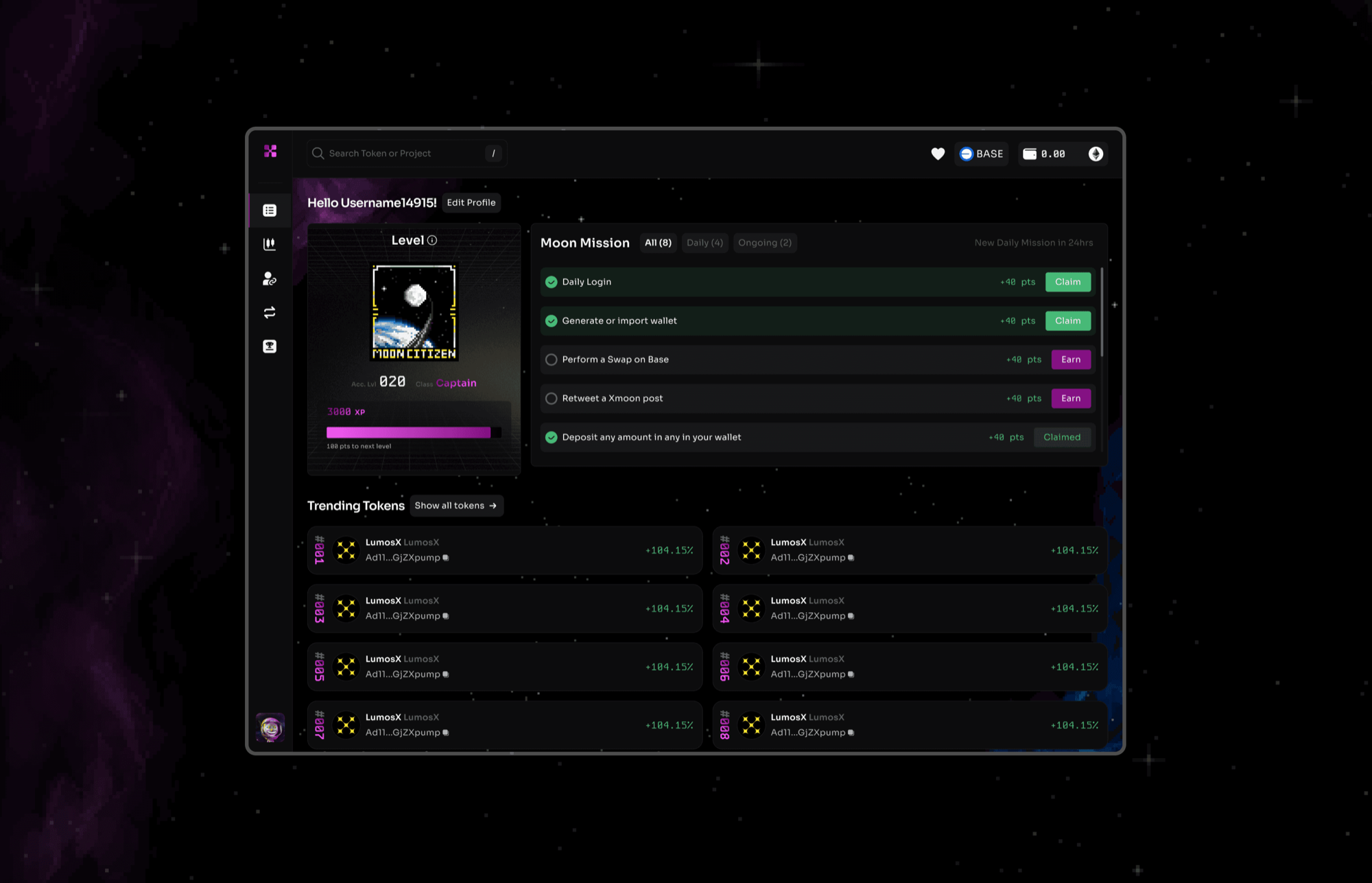 xMoon Gamified DEX screen 2